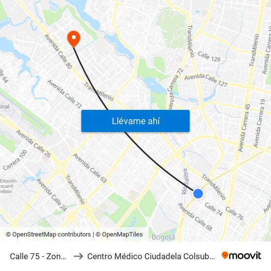 Calle 75 - Zona M to Centro Médico Ciudadela Colsubsidio map