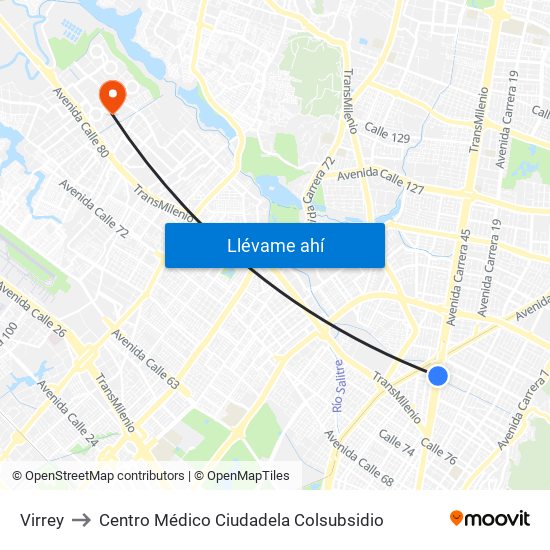 Virrey to Centro Médico Ciudadela Colsubsidio map