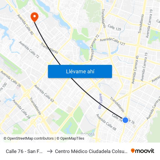 Calle 76 - San Felipe to Centro Médico Ciudadela Colsubsidio map