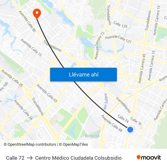 Calle 72 to Centro Médico Ciudadela Colsubsidio map