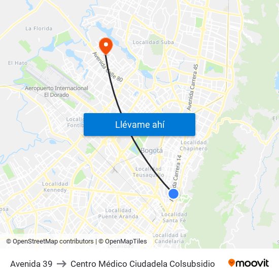 Avenida 39 to Centro Médico Ciudadela Colsubsidio map