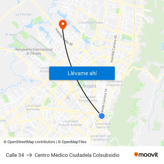 Calle 34 to Centro Médico Ciudadela Colsubsidio map