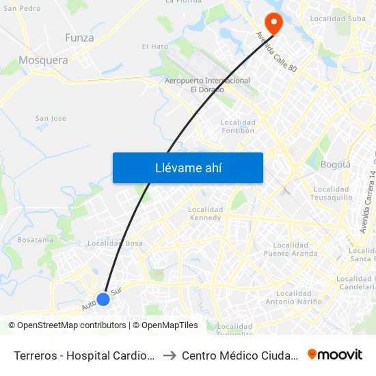 Terreros - Hospital Cardiovascular (Lado Sur) to Centro Médico Ciudadela Colsubsidio map