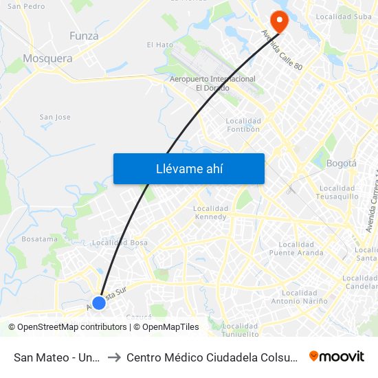 San Mateo - Unisur to Centro Médico Ciudadela Colsubsidio map