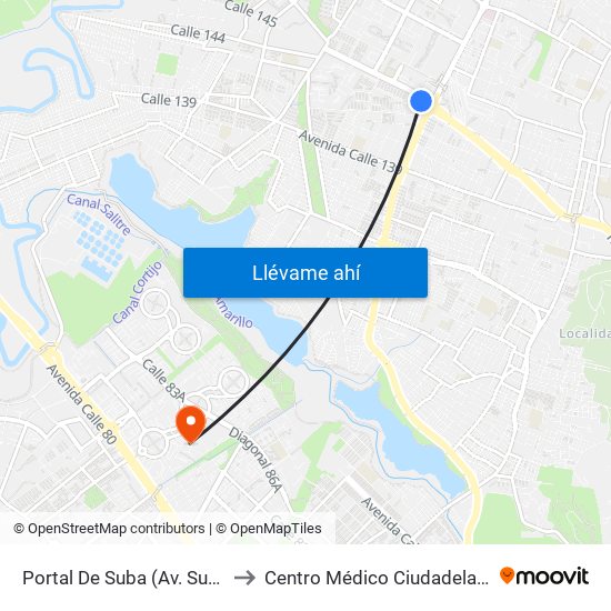 Portal De Suba (Av. Suba - Kr 106) to Centro Médico Ciudadela Colsubsidio map