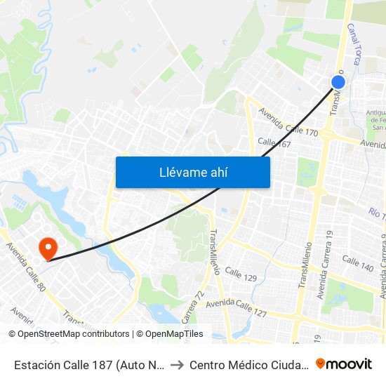 Estación Calle 187 (Auto Norte - Cl 187 Bis) (A) to Centro Médico Ciudadela Colsubsidio map