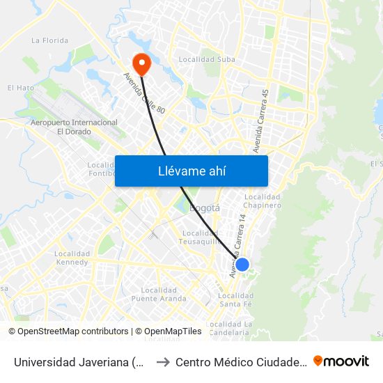 Universidad Javeriana (Ak 7 - Cl 40) (B) to Centro Médico Ciudadela Colsubsidio map