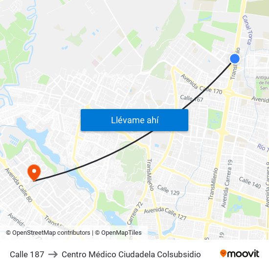 Calle 187 to Centro Médico Ciudadela Colsubsidio map
