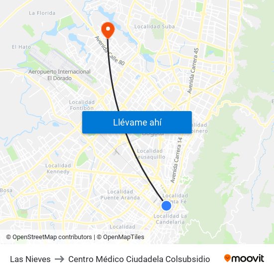 Las Nieves to Centro Médico Ciudadela Colsubsidio map