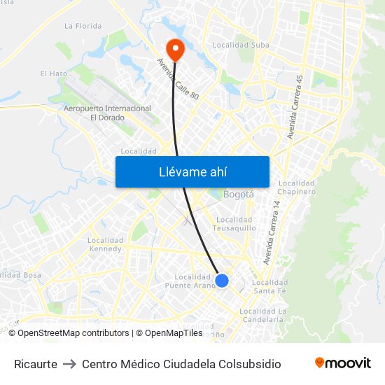 Ricaurte to Centro Médico Ciudadela Colsubsidio map