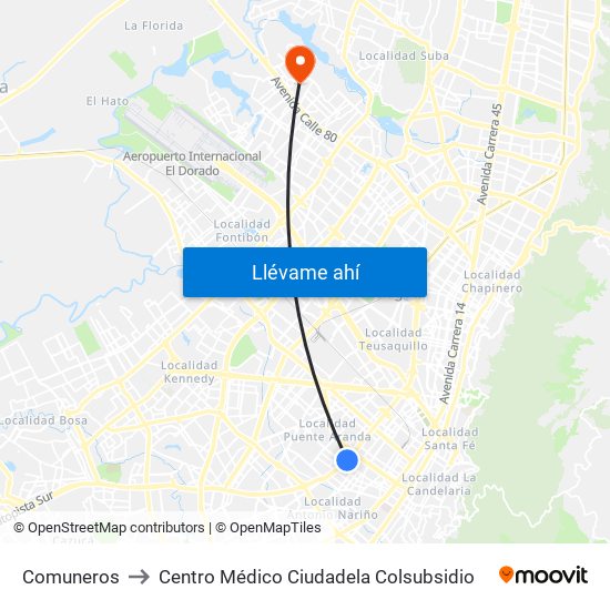 Comuneros to Centro Médico Ciudadela Colsubsidio map