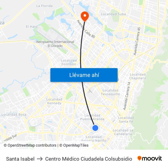 Santa Isabel to Centro Médico Ciudadela Colsubsidio map