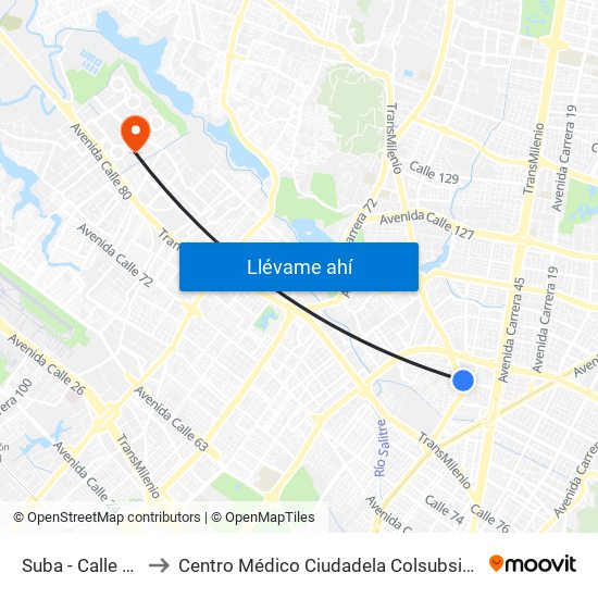 Suba - Calle 95 to Centro Médico Ciudadela Colsubsidio map