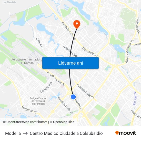 Modelia to Centro Médico Ciudadela Colsubsidio map