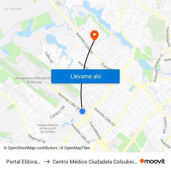 Portal Eldorado to Centro Médico Ciudadela Colsubsidio map