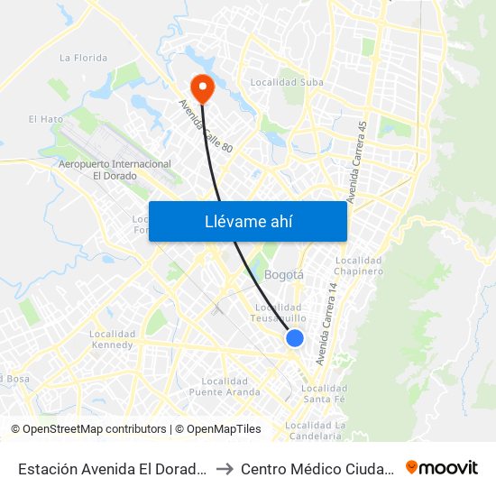 Estación Avenida El Dorado (Av. NQS - Cl 40a) to Centro Médico Ciudadela Colsubsidio map