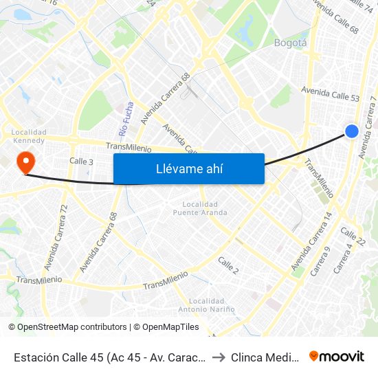 Estación Calle 45 (Ac 45 - Av. Caracas) to Clinca Medical map