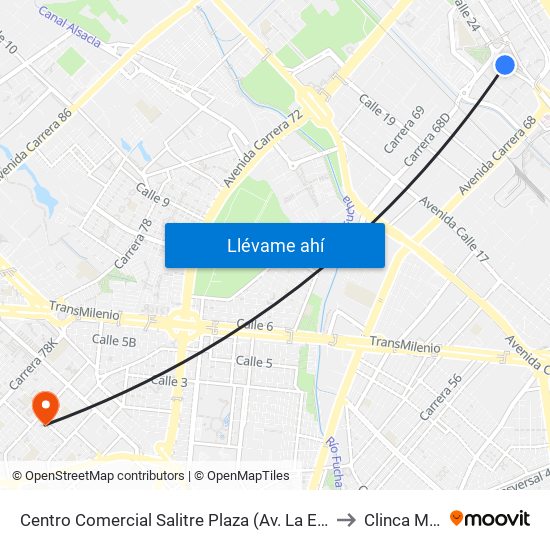 Centro Comercial Salitre Plaza (Av. La Esperanza - Kr 68b) to Clinca Medical map