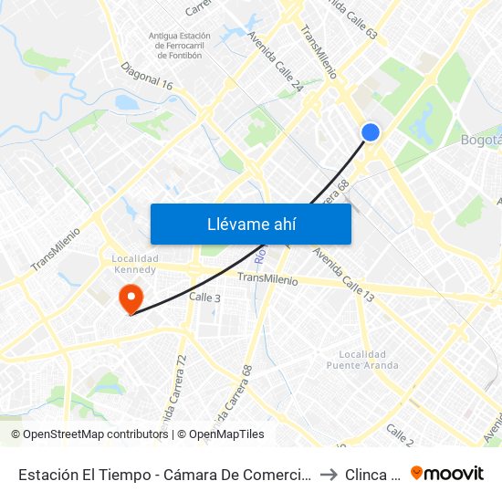Estación El Tiempo - Cámara De Comercio De Bogotá (Ac 26 - Kr 68b Bis) to Clinca Medical map