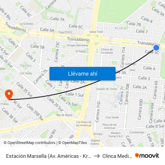 Estación Marsella (Av. Américas - Kr 69b) to Clinca Medical map