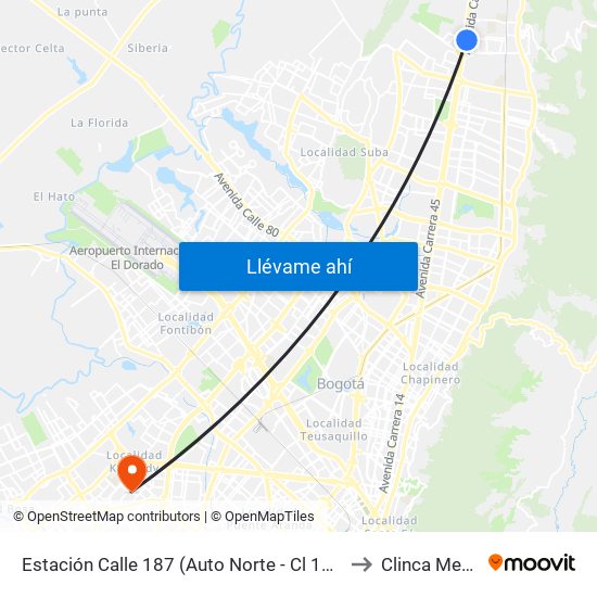Estación Calle 187 (Auto Norte - Cl 187 Bis) (A) to Clinca Medical map