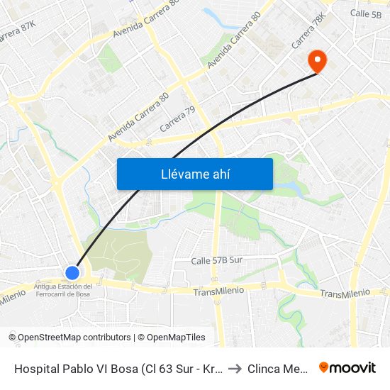 Hospital Pablo VI Bosa (Cl 63 Sur - Kr 77g) (A) to Clinca Medical map