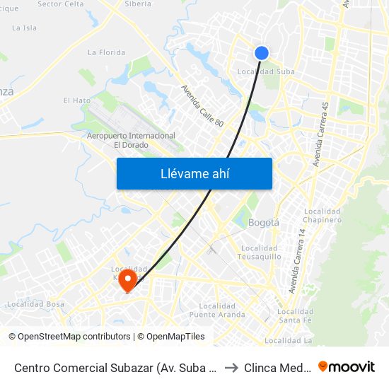 Centro Comercial Subazar (Av. Suba - Kr 91) to Clinca Medical map