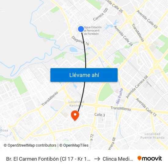 Br. El Carmen Fontibón (Cl 17 - Kr 100) to Clinca Medical map