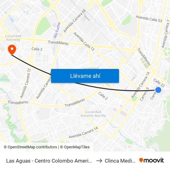 Las Aguas - Centro Colombo Americano to Clinca Medical map