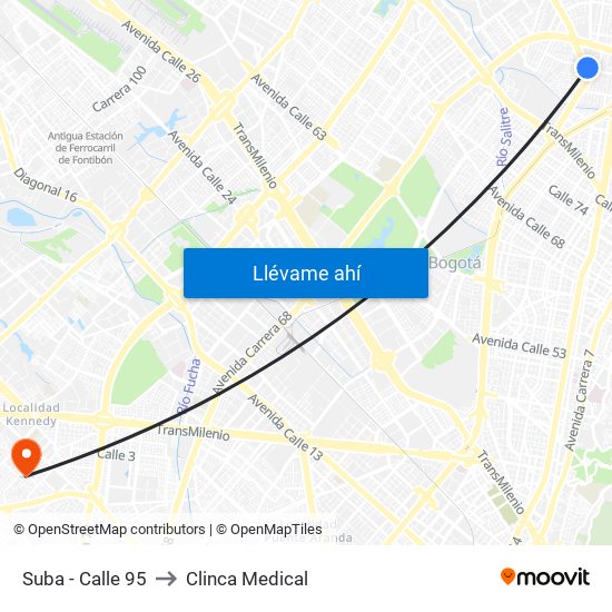 Suba - Calle 95 to Clinca Medical map