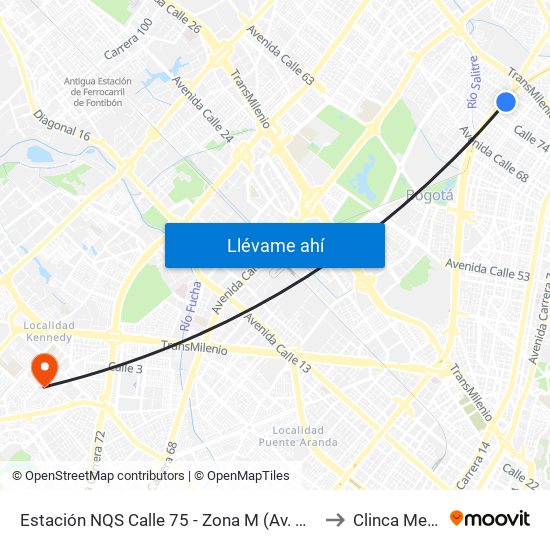 Estación NQS Calle 75 - Zona M (Av. NQS - Cl 75) to Clinca Medical map