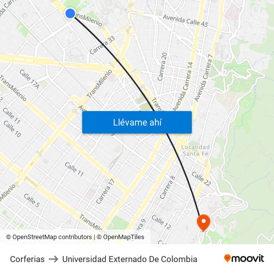 Corferias to Universidad Externado De Colombia map