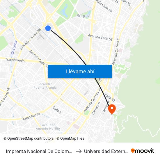 Imprenta Nacional De Colombia (Av. Esperanza - Kr 66) to Universidad Externado De Colombia map