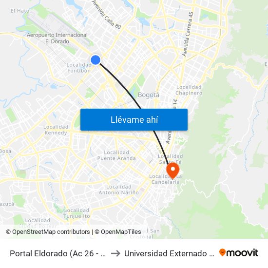 Portal Eldorado (Ac 26 - Av. C. De Cali) to Universidad Externado De Colombia map