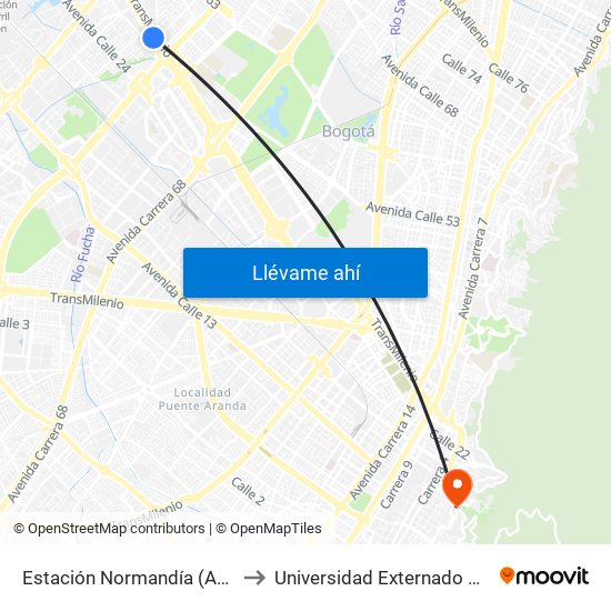 Estación Normandía (Ac 26 - Kr 74) to Universidad Externado De Colombia map