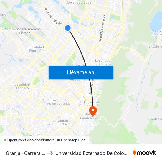 Granja - Carrera 77 to Universidad Externado De Colombia map