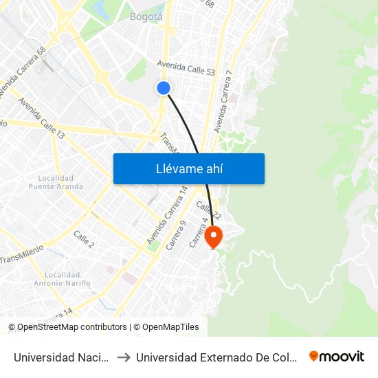Universidad Nacional to Universidad Externado De Colombia map
