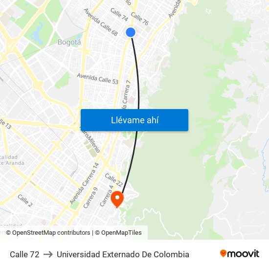 Calle 72 to Universidad Externado De Colombia map