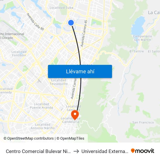 Centro Comercial Bulevar Niza (Ac 127 - Av. Suba) to Universidad Externado De Colombia map