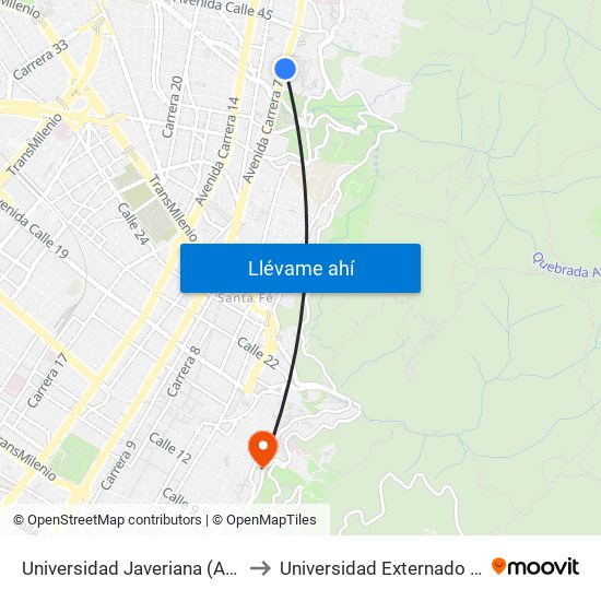 Universidad Javeriana (Ak 7 - Cl 40) (B) to Universidad Externado De Colombia map