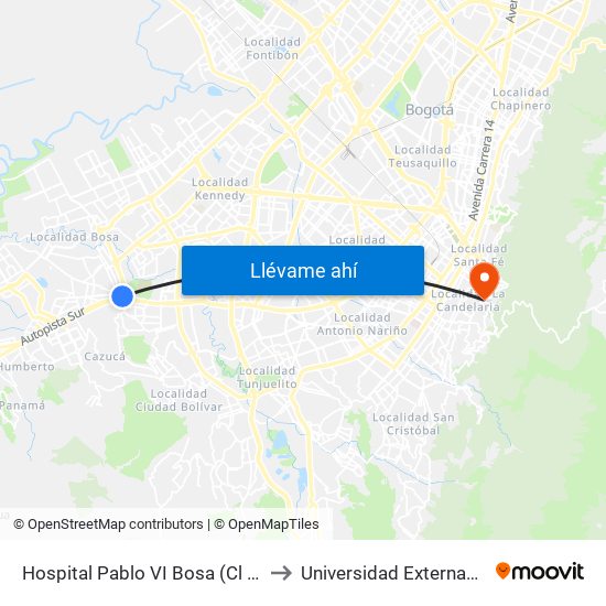 Hospital Pablo VI Bosa (Cl 63 Sur - Kr 77g) (A) to Universidad Externado De Colombia map