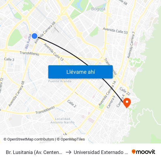 Br. Lusitania (Av. Centenario - Kr 68b) to Universidad Externado De Colombia map