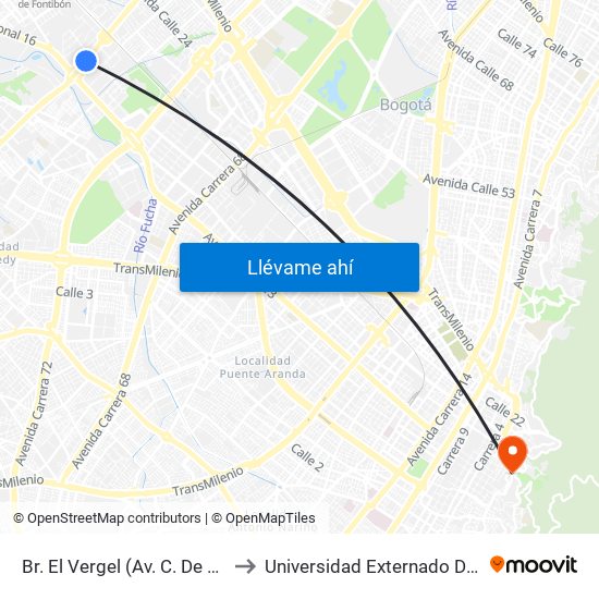 Br. El Vergel (Av. C. De Cali - Cl 18) to Universidad Externado De Colombia map