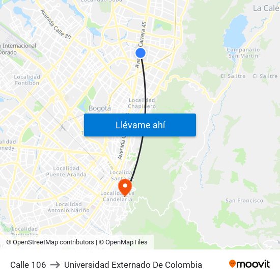 Calle 106 to Universidad Externado De Colombia map