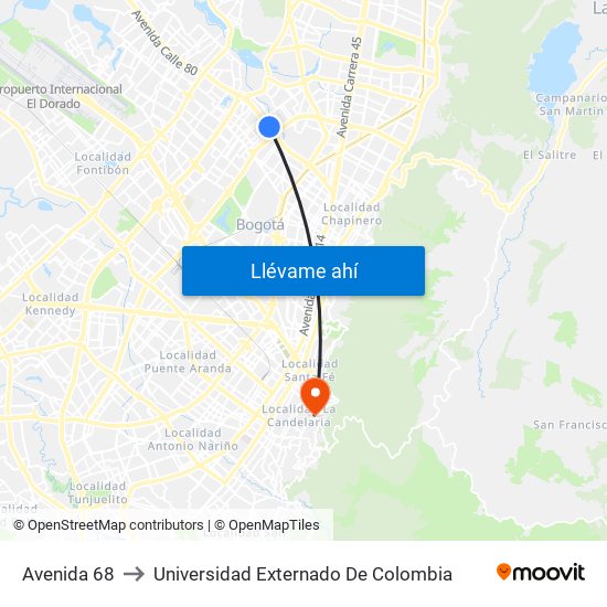 Avenida 68 to Universidad Externado De Colombia map