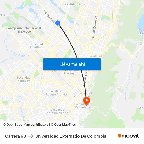 Carrera 90 to Universidad Externado De Colombia map