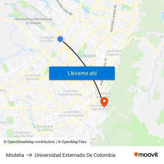 Modelia to Universidad Externado De Colombia map