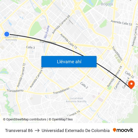 Transversal 86 to Universidad Externado De Colombia map