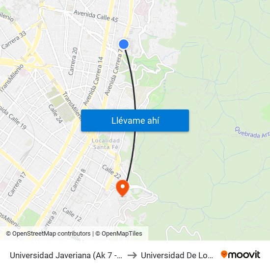 Universidad Javeriana (Ak 7 - Cl 40) (B) to Universidad De Los Andes map