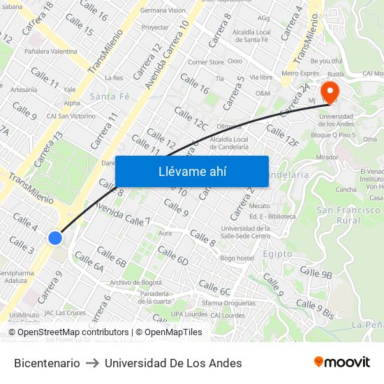 Bicentenario to Universidad De Los Andes map